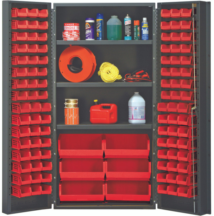 QSC-36SRD Heavy-Duty 36" Bin Cabinet, 36"W x 24"D x 72"H, 800 lb. capacity per interior shelf, 14 gauge all welded construction, includes: (3) adjustable shelves, (48) QUS210, (48) QUS220 and (6) QUS250 red bins, gray powder-coated finish