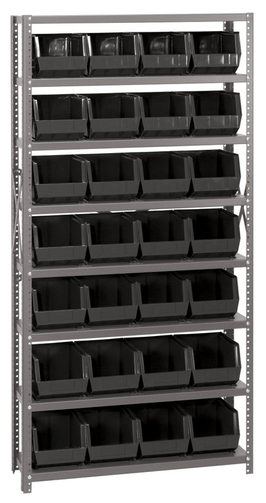QSBU-239BK Shelving Unit, 12"D x 36"L x 75"H, heavy duty, 400 lb. load capacity per shelf, includes: (8) shelves and (28) QUS239 black bins, uprights and cross bars, galvanized steel finish