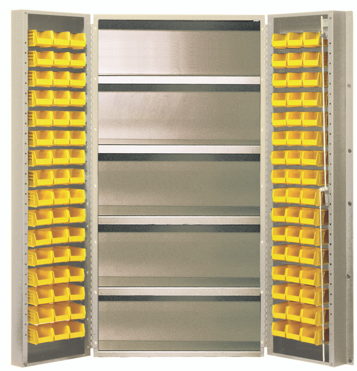 QSC-BG-36-32-4ISYL Heavy-Duty 36" Bin Cabinet, 36"W x 24"D x 72"H, 800 lb. capacity per interior shelf, 14 gauge all welded construction, includes: (32) QUS232 yellow bins, beige powder-coated finish
