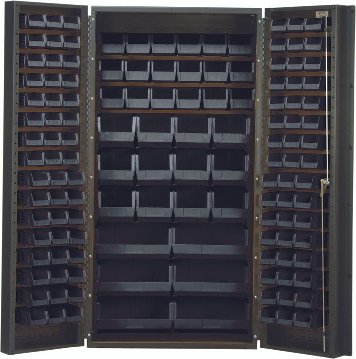 QSC-36BK Heavy-Duty 36" Bin Cabinet, 36"W x 24"D x 72"H,  14 gauge all welded construction, includes: (48) QUS210, (48) QUS220, (18) QUS230, (12) QUS240 and (6) QUS250 black bins, gray powder-coated finish
