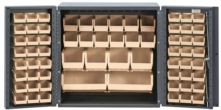 QSC-36-MINIV Heavy-Duty 36" Bin Cabinet, 36"W x 24"D x 36"H,  14 gauge all welded construction, includes: (24) QUS210, (24) QUS220, (12) QUS230, (4) QUS240 and (2) QUS250 ivory bins, gray powder-coated finish