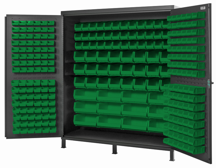 QSC-72-136GN Heavy-Duty 72" Bin Cabinet, 72"W x 24"D x 84"H, 14 gauge all welded construction, includes: (32) QUS232, (32) QUS236, (36) QUS230, (24) QUS240 and (12) QUS250 green bins, gray powder-coated finish