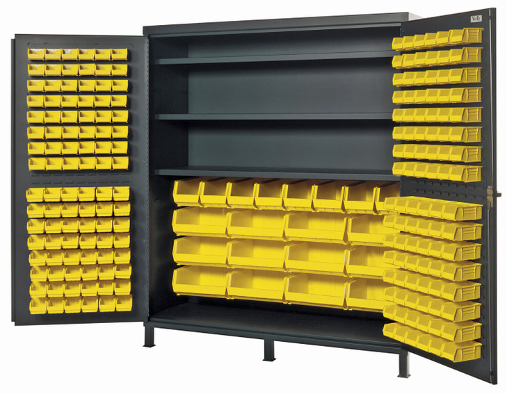 QSC-72S-84YL Heavy-Duty 72" Bin Cabinet, 72"W x 24"D x 84"H, 500 lb. capacity per interior shelf, 14 gauge all welded construction, includes: (3) adjustable shelves, (32) QUS232, (32) QUS236, (8) QUS240 and (12) QUS250 yellow bins