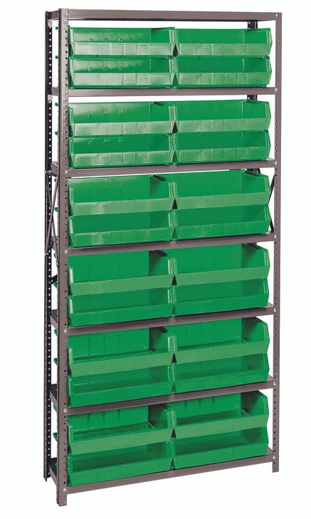 QSBU-245GN Shelving Unit, 12"D x 36"L x 75"H, heavy duty, 400 lb. load capacity per shelf, includes: (7) shelves and (24) QUS245 green bins, uprights and cross bars, galvanized steel finish