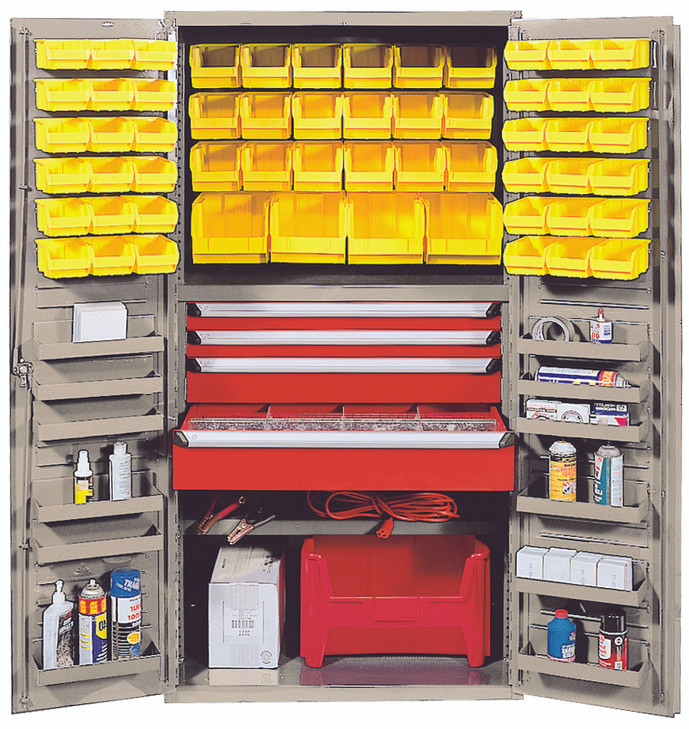 QSC-BG-3672-4DYL Heavy-Duty 36" Bin Cabinet, 36"W x 24"D x 72"H, 800 lb. capacity per interior shelf and 60 lb. capacity per foor shelf, 14 gauge all welded construction, includes: (1) 18" adjustable and (12 door shelves; (2) 31"W x 16"D x 3"H