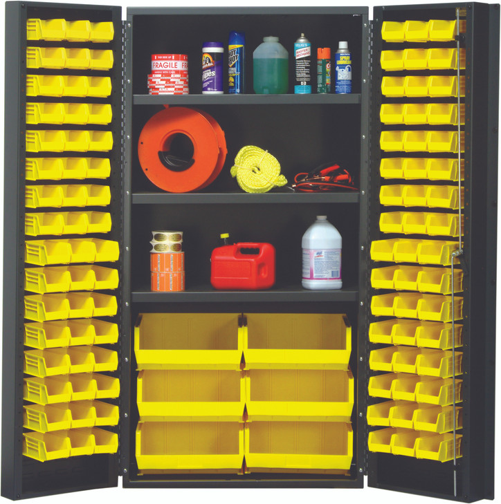 QSC-36SYL Heavy-Duty 36" Bin Cabinet, 36"W x 24"D x 72"H, 800 lb. capacity per interior shelf, 14 gauge all welded construction, includes: (3) adjustable shelves, (48) QUS210, (48) QUS220 and (6) QUS250 yellow bins, gray powder-coated finish