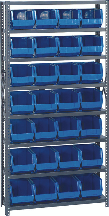 QSBU-239BL Shelving Unit, 12"D x 36"L x 75"H, heavy duty, 400 lb. load capacity per shelf, includes: (8) shelves and (28) QUS239 blue bins, uprights and cross bars, galvanized steel finish