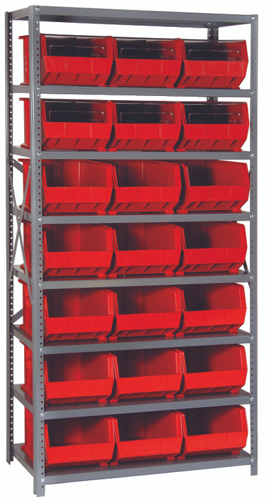 QSBU-255RD Shelving Unit, 18"D x 36"L x 75"H, heavy duty, 400 lb. load capacity per shelf, includes: (8) shelves and (21) QUS255 red bins, uprights and cross bars, galvanized steel finish