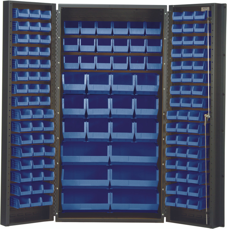 QSC-36BL Heavy-Duty 36" Bin Cabinet, 36"W x 24"D x 72"H,  14 gauge all welded construction, includes: (48) QUS210, (48) QUS220, (18) QUS230, (12) QUS240 and (6) QUS250 blue bins, gray powder-coated finish