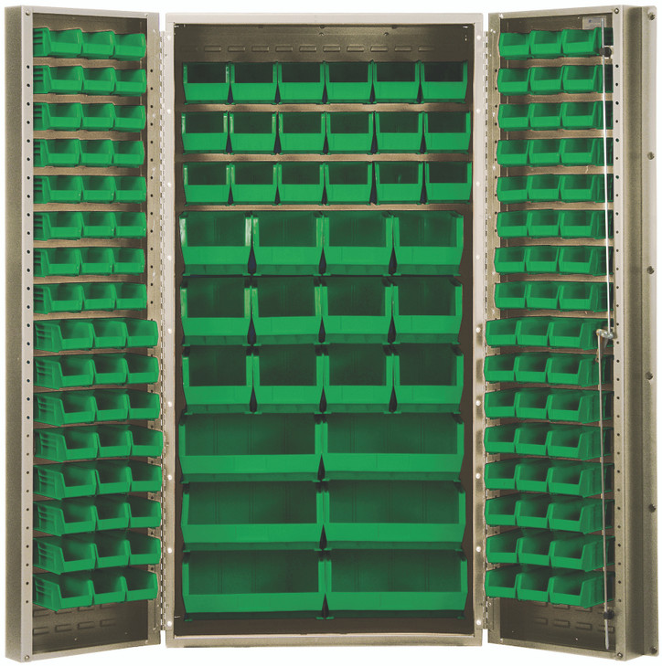 QSC-BG-36GN Heavy-Duty 36" Bin Cabinet, 36"W x 24"D x 72"H,  14 gauge all welded construction, includes: (48) QUS210, (48) QUS220, (18) QUS230, (12) QUS240 and (6) QUS250 green bins, beige powder-coated finish