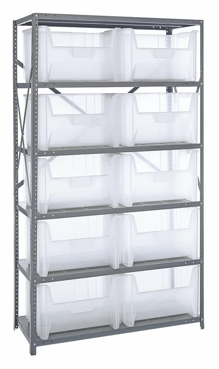 QSBU-700CL Shelving Unit, 18"D x 42"L x 75"H, heavy duty, 400 lb. load capacity per shelf, includes: (6) shelves and (10) QGH700 clear bins, uprights and cross bars, galvanized steel finish