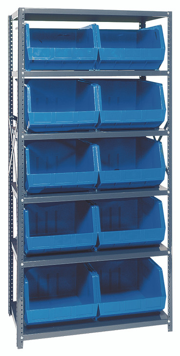 QSBU-270BL Shelving Unit, 18"D x 36"L x 75"H, heavy duty, 400 lb. load capacity per shelf, includes: (6) shelves and (10) QUS270 blue bins, uprights and cross bars, galvanized steel finish