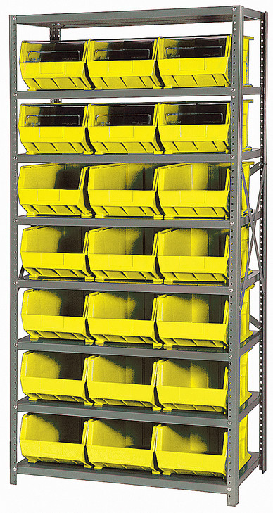 QSBU-255YL Shelving Unit, 18"D x 36"L x 75"H, heavy duty, 400 lb. load capacity per shelf, includes: (8) shelves and (21) QUS255 yellow bins, uprights and cross bars, galvanized steel finish