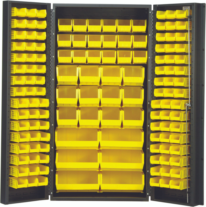 QSC-36YL Heavy-Duty 36" Bin Cabinet, 36"W x 24"D x 72"H,  14 gauge all welded construction, includes: (48) QUS210, (48) QUS220, (18) QUS230, (12) QUS240 and (6) QUS250 yellow bins, gray powder-coated finish