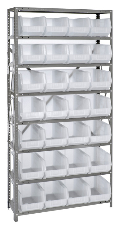 QSBU-239CL Shelving Unit, 12"D x 36"L x 75"H, heavy duty, 400 lb. load capacity per shelf, includes: (8) shelves and (28) QUS239 clear bins, uprights and cross bars, galvanized steel finish