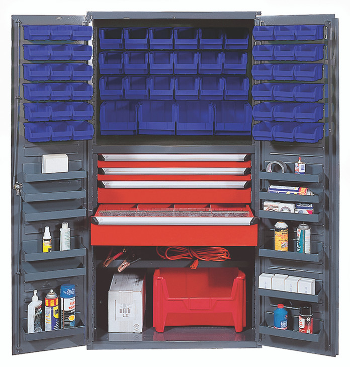QSC-3672-4DBL Heavy-Duty 36" Bin Cabinet, 36"W x 24"D x 72"H, 800 lb. capacity per interior shelf and 60 lb. capacity per foor shelf, 14 gauge all welded construction, includes: (1) 18" adjustable and (12 door shelves; (2) 31"W x 16"D x 3"H