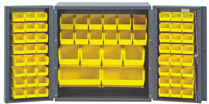 QSC-36-MINYL Heavy-Duty 36" Bin Cabinet, 36"W x 24"D x 36"H,  14 gauge all welded construction, includes: (24) QUS210, (24) QUS220, (12) QUS230, (4) QUS240 and (2) QUS250 yellow bins, gray powder-coated finish