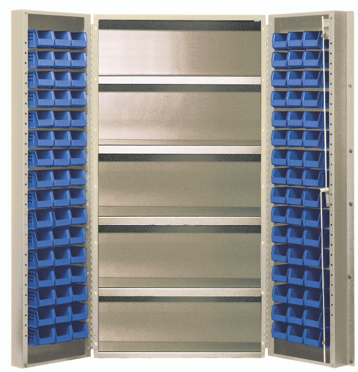 QSC-BG-36-96-4ISBL Heavy-Duty 36" Bin Cabinet, 36"W x 24"D x 72"H, 800 lb. capacity per interior shelf, 14 gauge all welded construction, includes: (92) QUS210 blue bins, beige powder-coated finish