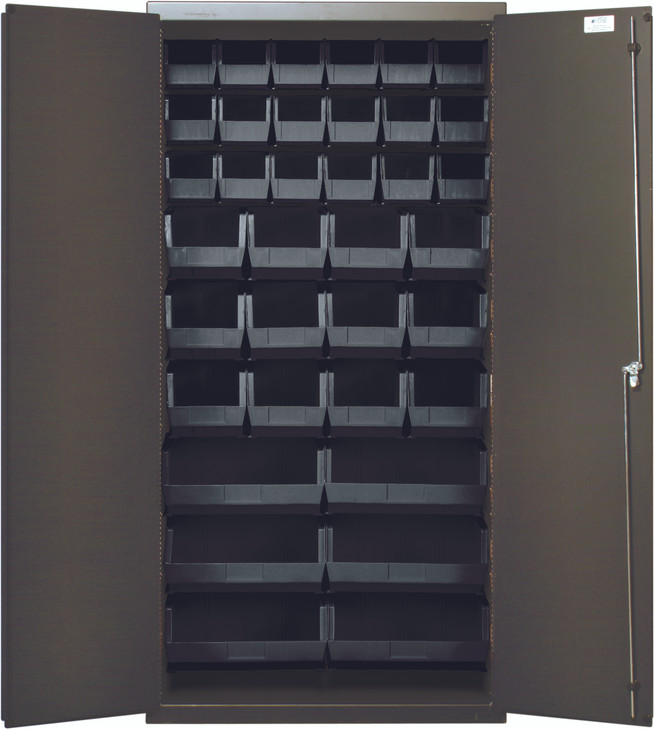 QSC-36-FDBK Heavy-Duty 36" Bin Cabinet, 36"W x 18"D x 72"H, 14 gauge all welded construction, includes: (18) QUS230, (12) QUS240 and (6) QUS250 black bins, gray powder-coated finish
