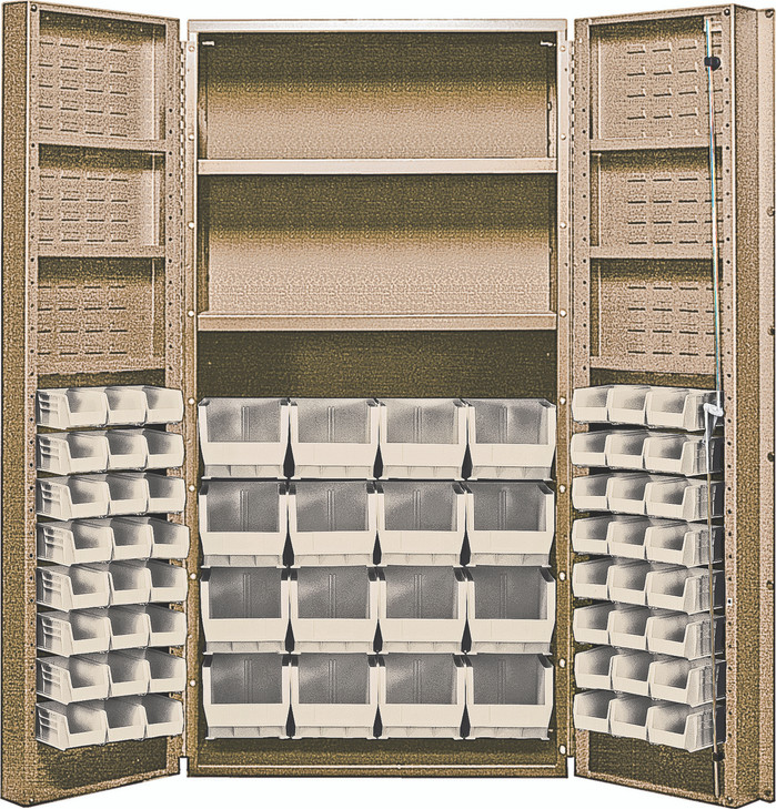 QSC-BG-32-2S-6DSIV Heavy-Duty 36" Bin Cabinet, 36"W x 24"D x 72"H, 800 lb. capacity per interior shelf and 60 lb. capacity per foor shelf, 14 gauge all welded construction, includes: (16) QUS236 and (16) QUS240 ivory bins, beige powder-coated finish