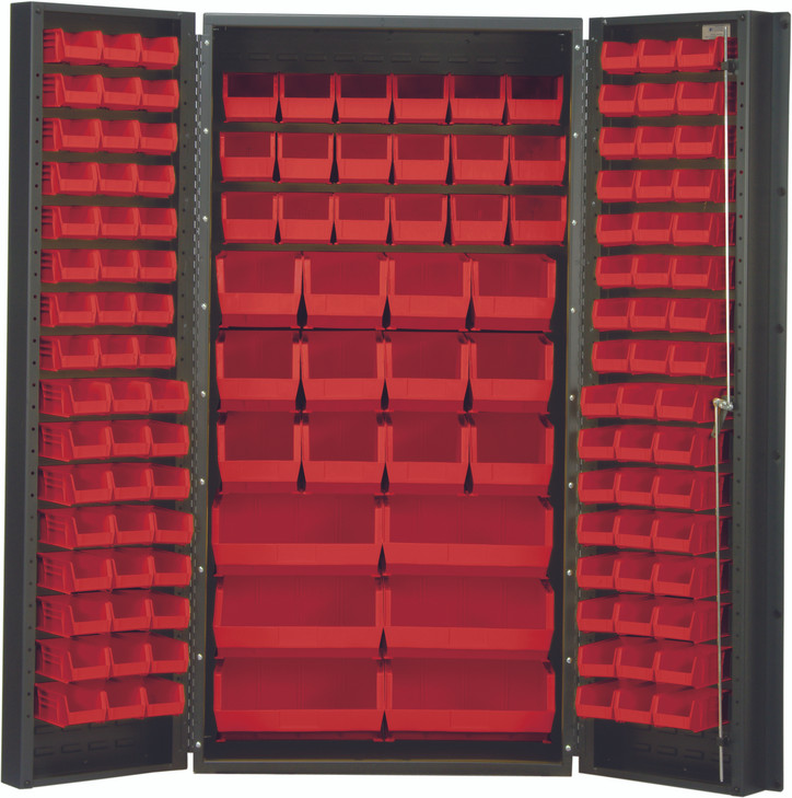 QSC-36RD Heavy-Duty 36" Bin Cabinet, 36"W x 24"D x 72"H,  14 gauge all welded construction, includes: (48) QUS210, (48) QUS220, (18) QUS230, (12) QUS240 and (6) QUS250 red bins, gray powder-coated finish