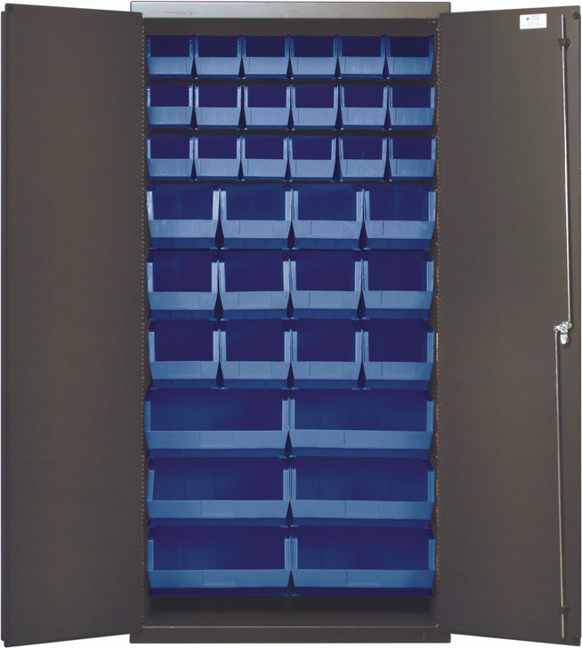 QSC-36-FDBL Heavy-Duty 36" Bin Cabinet, 36"W x 18"D x 72"H, 14 gauge all welded construction, includes: (18) QUS230, (12) QUS240 and (6) QUS250 blue bins, gray powder-coated finish