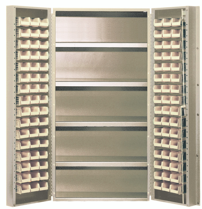 QSC-BG-36-96-4ISIV Heavy-Duty 36" Bin Cabinet, 36"W x 24"D x 72"H, 800 lb. capacity per interior shelf, 14 gauge all welded construction, includes: (92) QUS210 ivory bins, beige powder-coated finish
