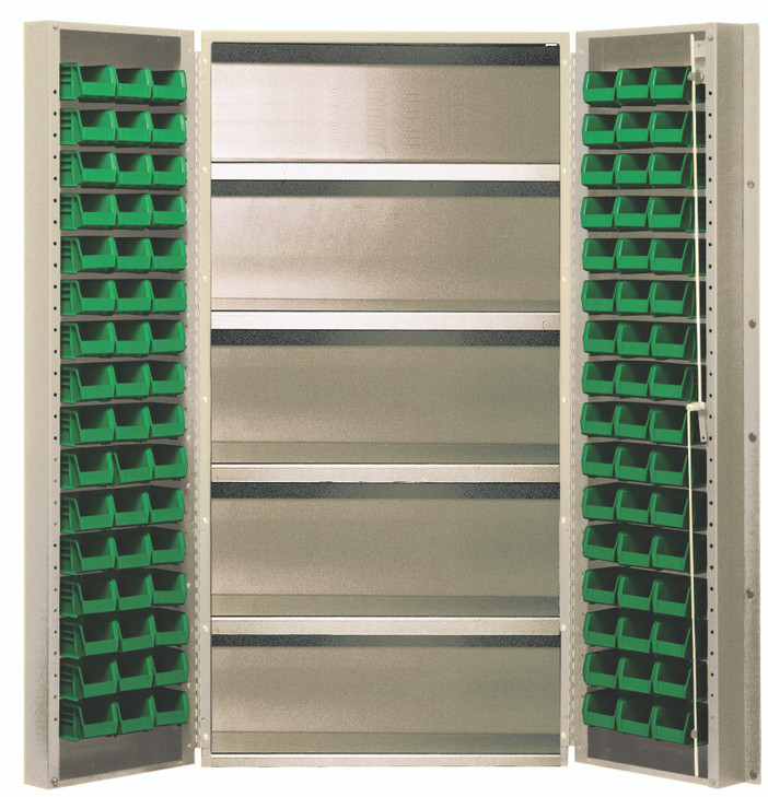 QSC-BG-36-32-4ISGN Heavy-Duty 36" Bin Cabinet, 36"W x 24"D x 72"H, 800 lb. capacity per interior shelf, 14 gauge all welded construction, includes: (32) QUS232 green bins, beige powder-coated finish