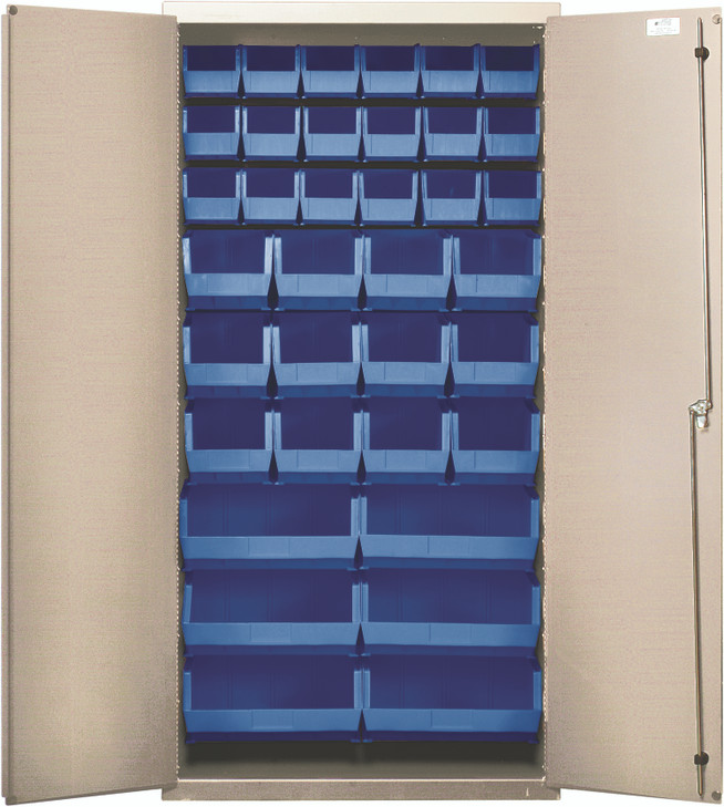 QSC-BG-36-FDBL Heavy-Duty 36" Bin Cabinet, 36"W x 18"D x 72"H, 14 gauge all welded construction, includes: (18) QUS230, (12) QUS240 and (6) QUS250 blue bins, beige powder-coated finish