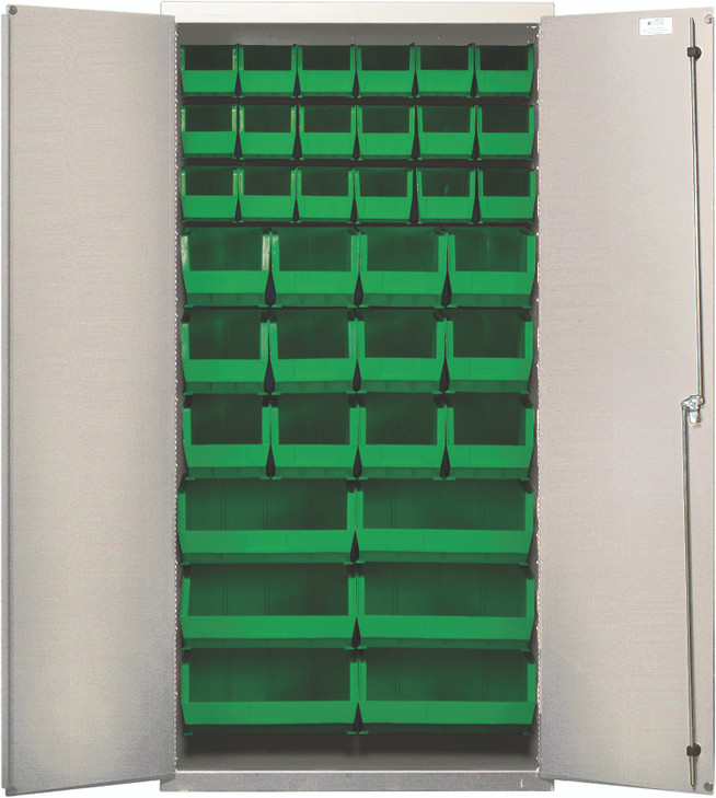 QSC-BG-36-FDGN Heavy-Duty 36" Bin Cabinet, 36"W x 18"D x 72"H, 14 gauge all welded construction, includes: (18) QUS230, (12) QUS240 and (6) QUS250 green bins, beige powder-coated finish