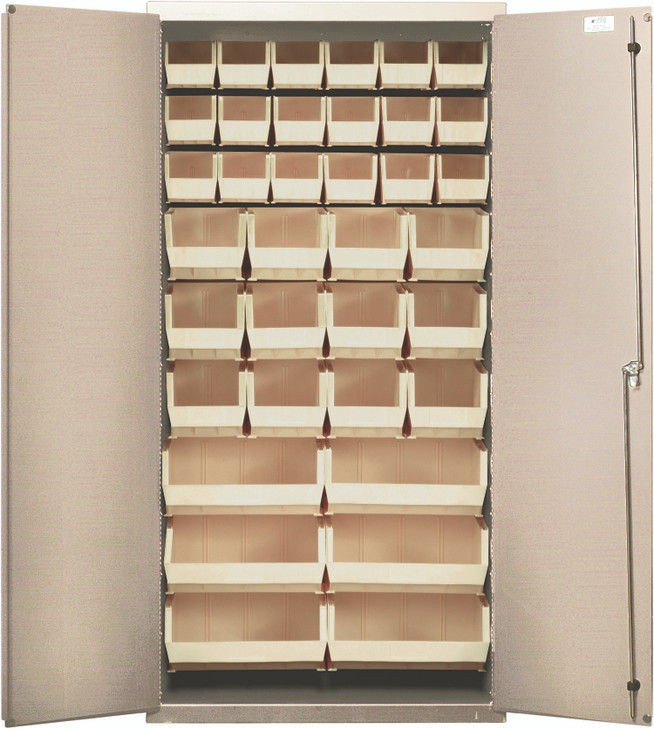 QSC-BG-36-FDIV Heavy-Duty 36" Bin Cabinet, 36"W x 18"D x 72"H, 14 gauge all welded construction, includes: (18) QUS230, (12) QUS240 and (6) QUS250 ivory bins, beige powder-coated finish