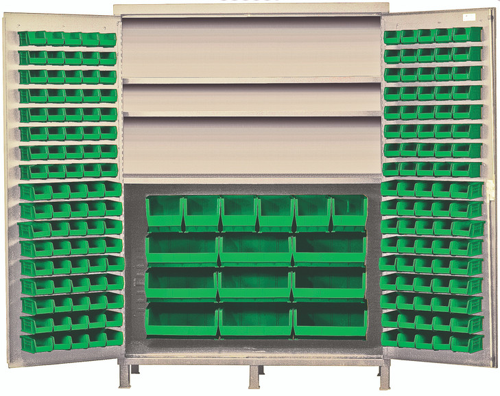 QSC-BG-60SGN Heavy-Duty 60" Bin Cabinet, 60"W x 24"D x 84"H, 500 lb. capacity per interior shelf, 14 gauge all welded construction, includes: (3) adjustable shelves, (80) QUS210, (90) QUS220, (6) QUS240 and (9) QUS250 green bins