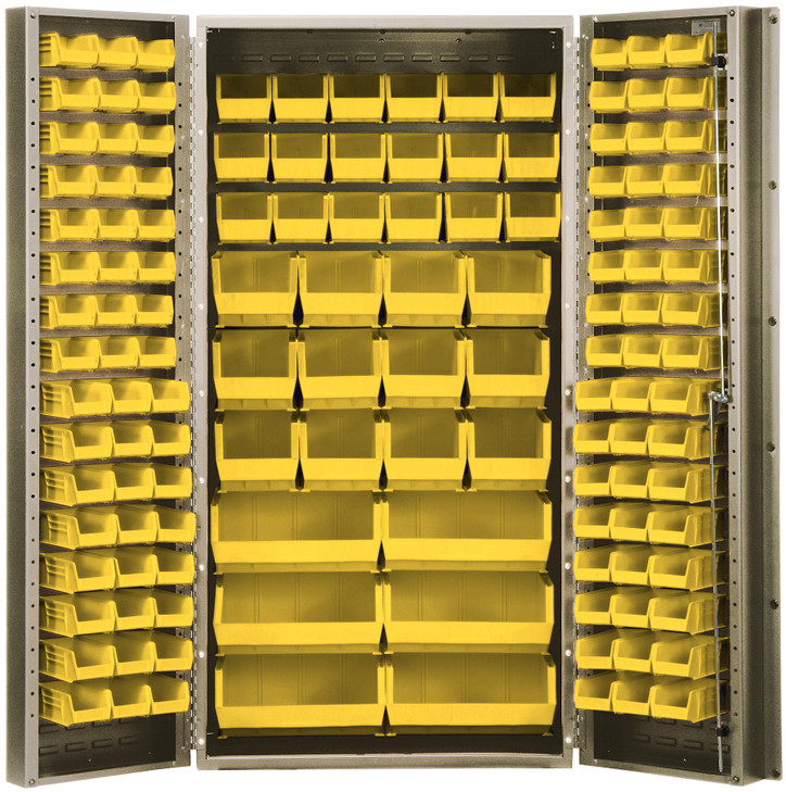 QSC-BG-36YL Heavy-Duty 36" Bin Cabinet, 36"W x 24"D x 72"H,  14 gauge all welded construction, includes: (48) QUS210, (48) QUS220, (18) QUS230, (12) QUS240 and (6) QUS250 yellow bins, beige powder-coated finish