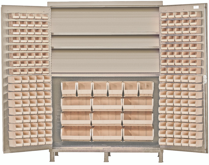 QSC-BG-60SIV Heavy-Duty 60" Bin Cabinet, 60"W x 24"D x 84"H, 500 lb. capacity per interior shelf, 14 gauge all welded construction, includes: (3) adjustable shelves, (80) QUS210, (90) QUS220, (6) QUS240 and (9) QUS250 ivory bins