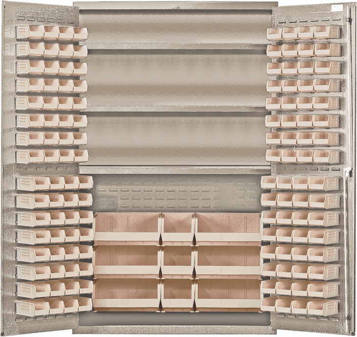 QSC-BG-48SIV Heavy-Duty 48" Bin Cabinet, 48"W x 24"D x 78"H, 400 lb. capacity per interior shelf, 14 gauge all welded construction, includes: (3) adjustable shelves, (64) QUS210, (64) QUS220, (3) QUS240 and (6) QUS250 ivory bins