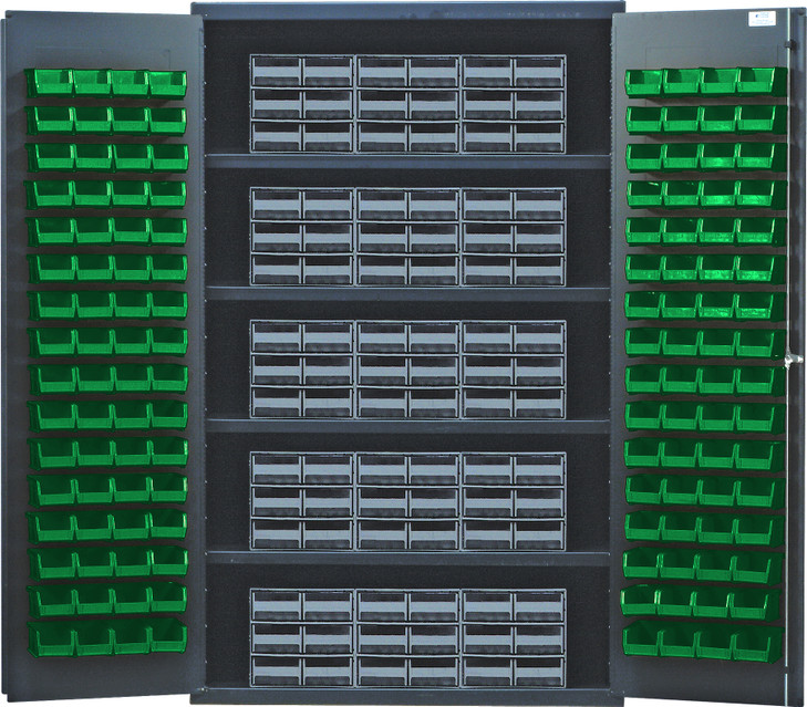 QSC-QIC64GN Heavy-Duty 48" Bin Cabinet, interlocking drawer storage, 48"W x 24"D x 78"H, 400 lb. load capacity per shelf, 14 gauge all welded construction, includes: (4) shelves, (15) QIC-64 gray interlocking drawers and (128) QUS210 green bins