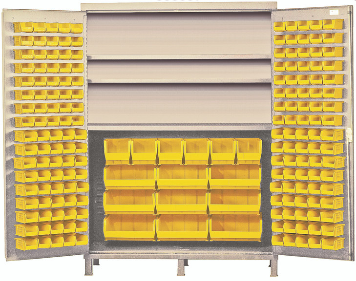 QSC-BG-60SYL Heavy-Duty 60" Bin Cabinet, 60"W x 24"D x 84"H, 500 lb. capacity per interior shelf, 14 gauge all welded construction, includes: (3) adjustable shelves, (80) QUS210, (90) QUS220, (6) QUS240 and (9) QUS250 yellow bins