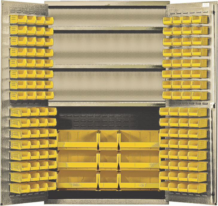 QSC-BG-48SYL Heavy-Duty 48" Bin Cabinet, 48"W x 24"D x 78"H, 400 lb. capacity per interior shelf, 14 gauge all welded construction, includes: (3) adjustable shelves, (64) QUS210, (64) QUS220, (3) QUS240 and (6) QUS250 yellow bins