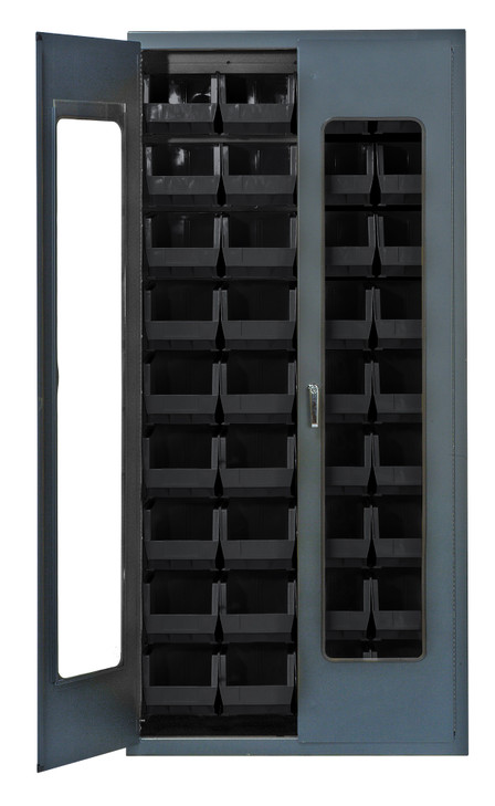 QSC-C240BK Heavy-Duty 36" Bin Cabinet, 36"W x 18"D x 78"H, clear acrylic door model, 14 gauge all welded construction, includes: (36) QUS240 black bins, gray powder-coated finish