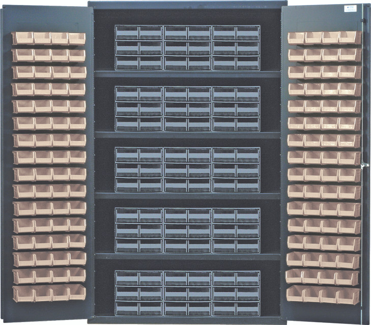 QSC-QIC64IV Heavy-Duty 48" Bin Cabinet, interlocking drawer storage, 48"W x 24"D x 78"H, 400 lb. load capacity per shelf, 14 gauge all welded construction, includes: (4) shelves, (15) QIC-64 gray interlocking drawers and (128) QUS210 ivory bins