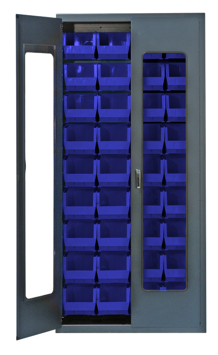 QSC-C240BL Heavy-Duty 36" Bin Cabinet, 36"W x 18"D x 78"H, clear acrylic door model, 14 gauge all welded construction, includes: (36) QUS240 blue bins, gray powder-coated finish