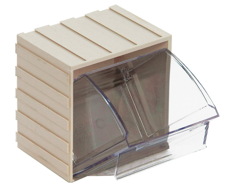 QTB406IV Tip Out Bin, (1) compartment, 3-5/8"W x 4-1/16"D x 4-1/4"H, handle with label slot, opens to a 45° angle, plastic clear container, polystyrene ivory cabinet, Made in USA