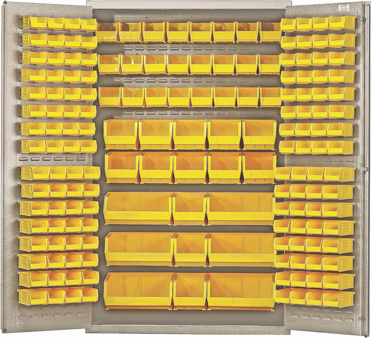 QSC-BG-48YL Heavy-Duty 48" Bin Cabinet, 48"W x 24"D x 78"H, 14 gauge all welded construction, includes: (64) QUS210, (64) QUS220, (24) QUS230, (13) QUS240 and (6) QUS250 yellow bins, beige powder-coated finish
