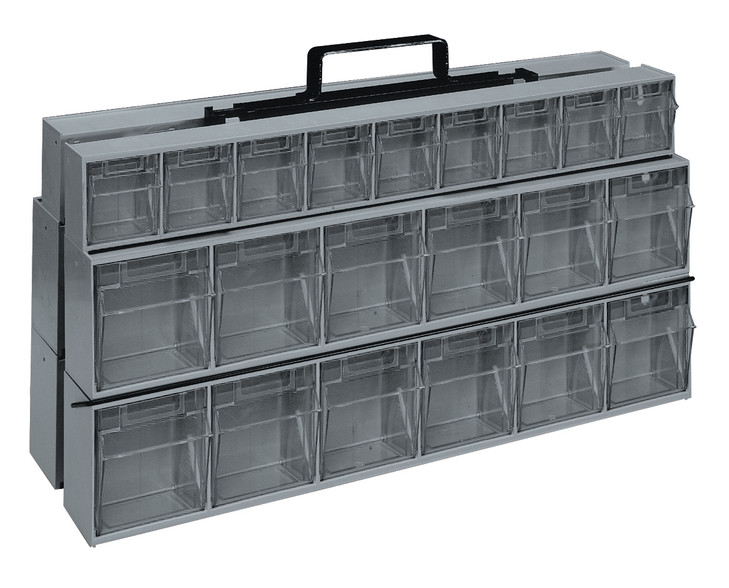 QTF320-42GY Tip Out Bin Portable Frame, 24"W x 14"H, black powder coated finish steel, includes: (2) QTB309, (4) QTB306 and mounting hardware, gray bins