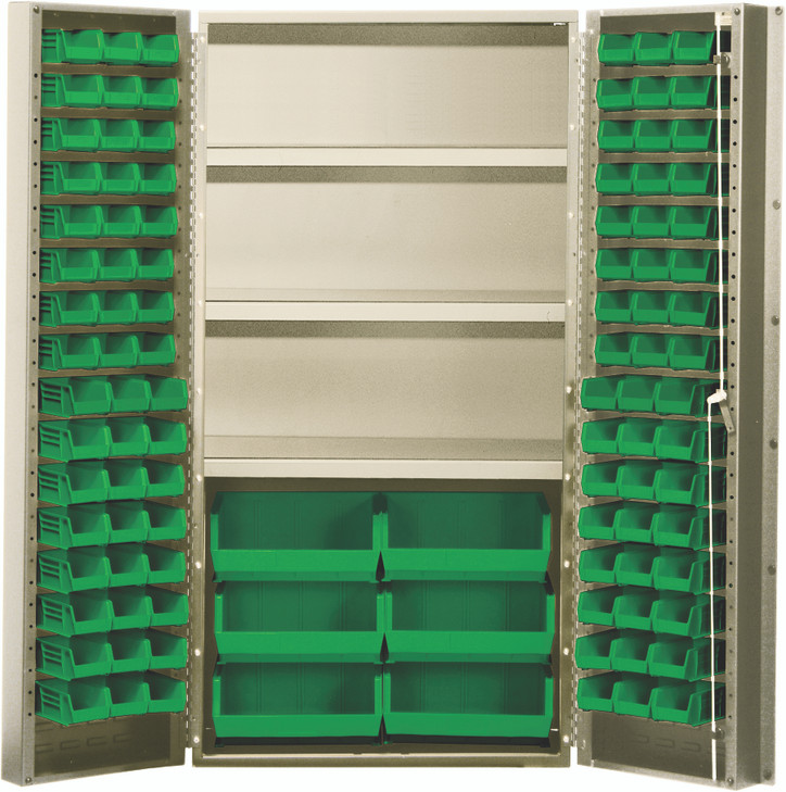 QSC-BG-36S-38GN Heavy-Duty 36" Bin Cabinet, 36"W x 24"D x 72"H, 800 lb. capacity per interior shelf, 14 gauge all welded construction, includes: (3) adjustable shelves, (16) QUS232, (16) QUS236 and (6) QUS250 green bins, beige powder-coated finish
