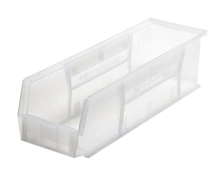 QUS238CLCS Bin, stacking or hanging, 5-1/2"W x 18"D x 5"H, front/back/side grips, anti-slide lock, (1) divider slot, rear hanger, molded-in label holder, polypropylene, clear, Made in USA