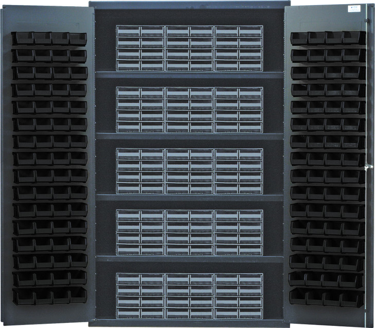 QSC-QIC83BK Heavy-Duty 48" Bin Cabinet, interlocking drawer storage, 48"W x 24"D x 78"H, 400 lb. load capacity per shelf, 14 gauge all welded construction, includes: (4) shelves, (15) QIC-86 gray interlocking drawers and (128) QUS210 black bins