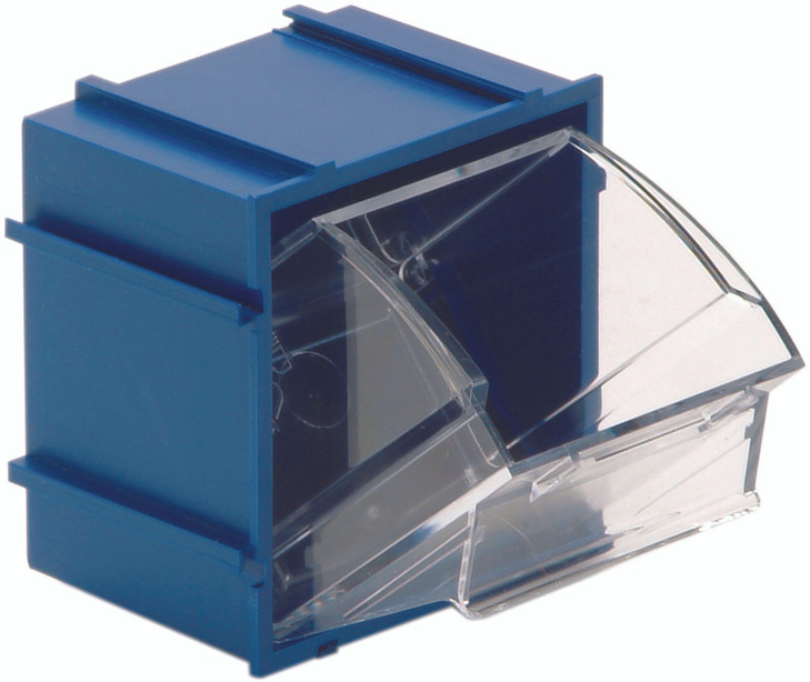 QTB409BL Tip Out Bin, (1) compartment, 2-3/8"W x 2-13/16"D x 3"H, handle with label slot, opens to a 45° angle, plastic clear container, polystyrene blue cabinet, Made in USA