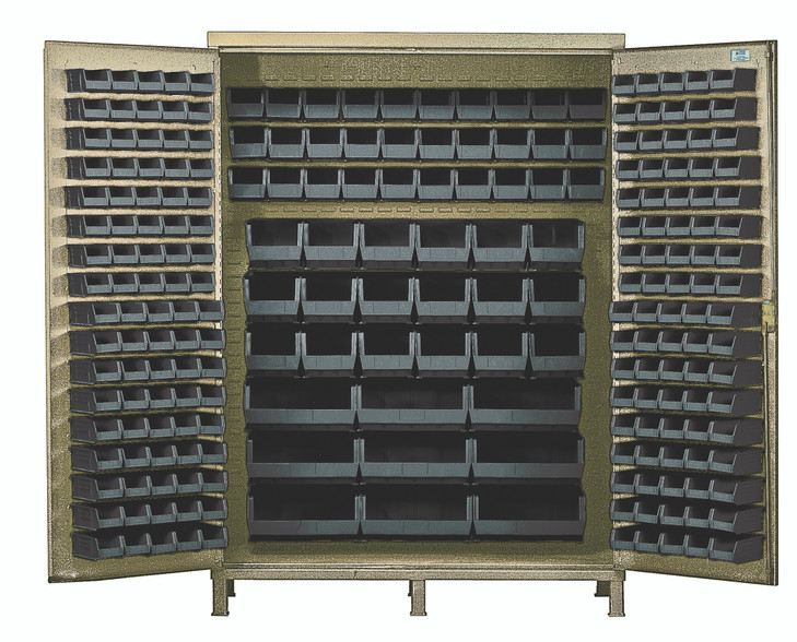 QSC-BG-60BK Heavy-Duty 60" Bin Cabinet, 60"W x 24"D x 84"H, 14 gauge all welded construction, includes: (80) QUS210, (90) QUS220, (30) QUS230, (18) QUS240 and (9) QUS250 black bins, beige powder-coated finish
