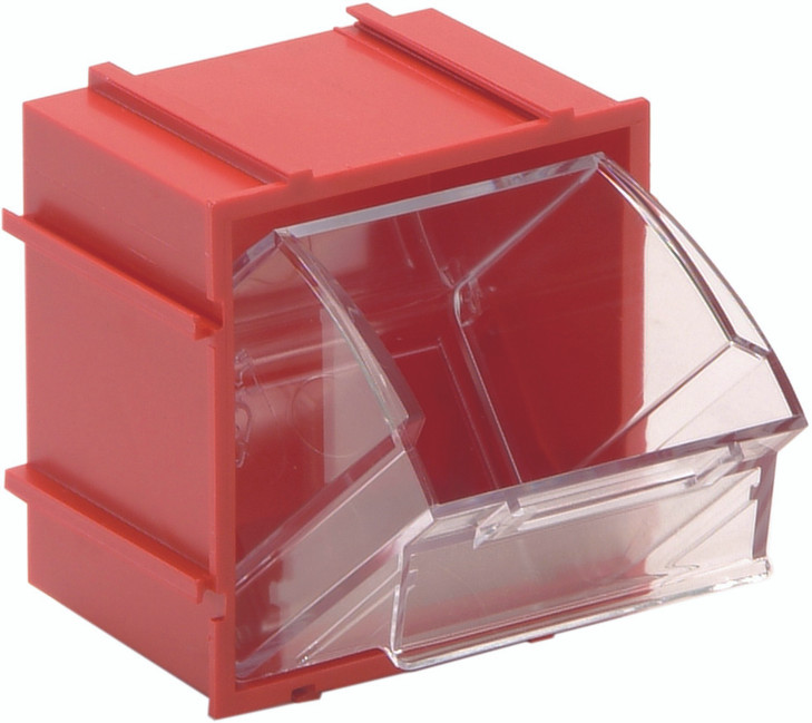 QTB409RD Tip Out Bin, (1) compartment, 2-3/8"W x 2-13/16"D x 3"H, handle with label slot, opens to a 45° angle, plastic clear container, polystyrene red cabinet, Made in USA